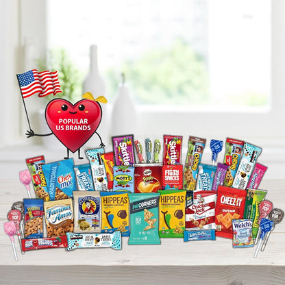 Snack Box 40 Count Sweet Treats Gift Basket - Candies, Chips, Crackers, Bars, Variety Pack with Greeting Card