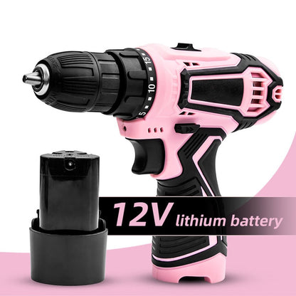 12V Pink Cordless Lithium-ion Drill Set and Pink Tool Set Kit,Home Tool Set Kit for DIY, Lady's Home Repairing Tool Kit with 12-Inch Wide Mouth Open Storage Tool Bag