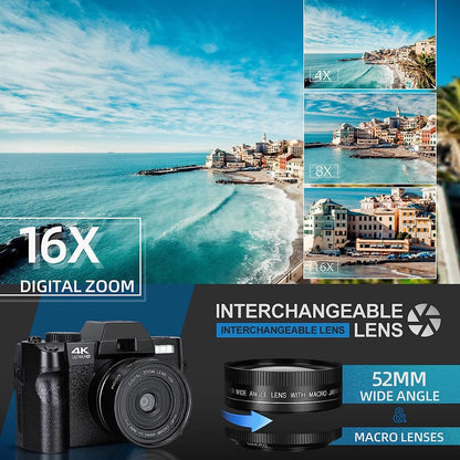 NBD Digital Camera 4K Ultra HD 48MP All-in-One Vlogging Camera with Wide Angle Lens, Digital Zoom 16x and 3" Screen