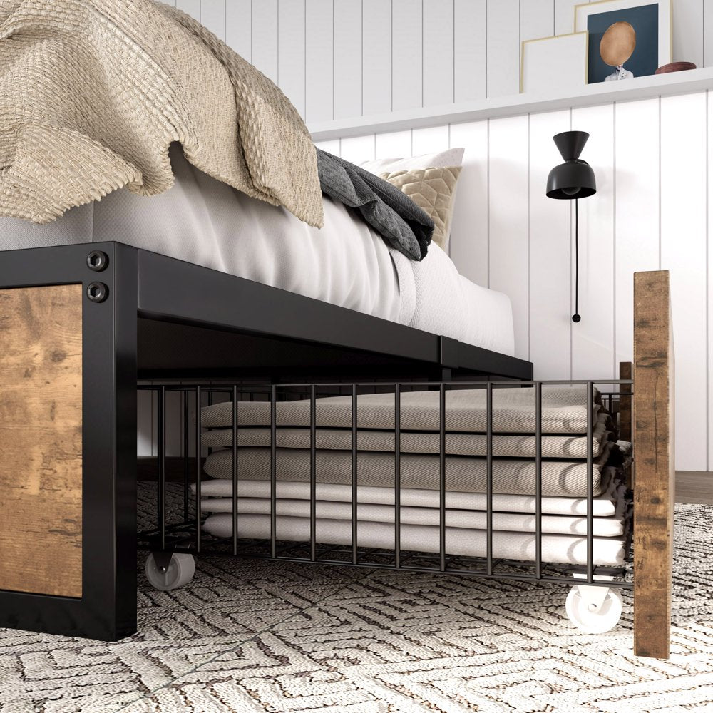 Allewie Industrial Queen Size Metal Platform Bed Frame with 4 XL Storage Drawers with Casters