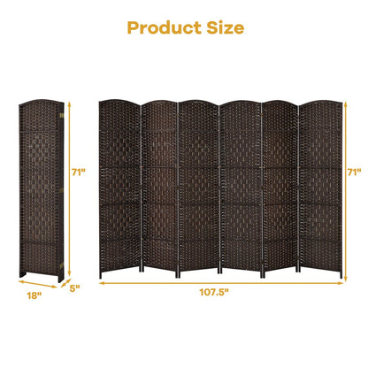 Costway 6-Panel Room Divider 6Ft Weave Fiber Folding Privacy Screen Brown