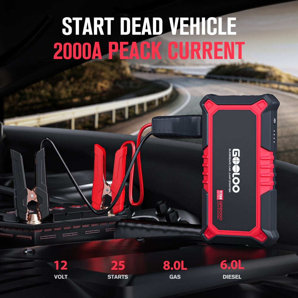 GOOLOO Jump Starter,2000A Peak 12V Car Jump Box (Up to 8.0L Gas and 6.0L Diesel Engine),Portable Battery Booster Car Starter with USB Quick Charge