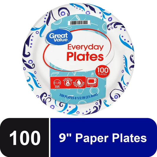 Great Value Everyday Strong, Soak Proof, Microwave Safe, Disposable Paper Lunch Plates, 8.5 inch, 100 Plates, Patterned