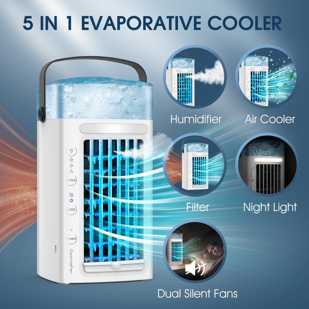 Jorocks Air Conditioner Portable, Mini Portable Air Conditioner Quiet Desk Fan, Humidifier Misting Fan, Small Air Conditioner 3 Speeds and LED Light, Evaporative Cooler for Home, Office, Room