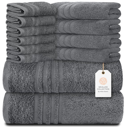 White Classic 12 Piece Bath Towel Set for Bathroom - Wealuxe Collection 2 Bath Towels, 4 Hand Towels, 6 Washcloths 100% Cotton Soft and Plush Highly Absorbent, Soft Towel for Hotel & Spa - Black