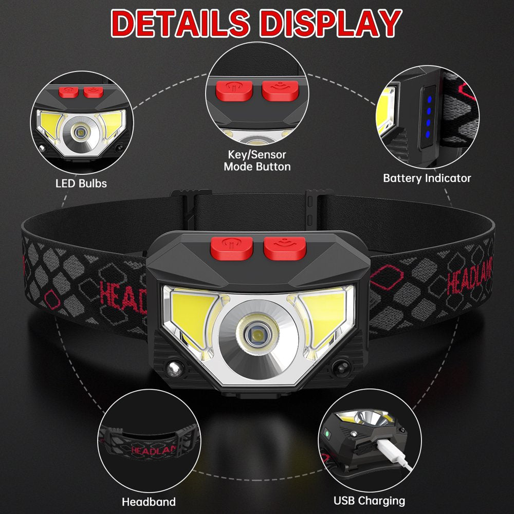 2 Packs Rechargeable LED Headlamp, IPX4 Waterproof Head Flashlight, 6 Modes Motion Sensor Headlamp, 60°Tilt Flashlight Headlamps 800 Lumen Headlight for Hiking, Camping, Running, Fishing