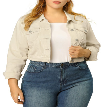  Women's Plus Size Jean Button Outfits Fashion Cropped Denim Jackets