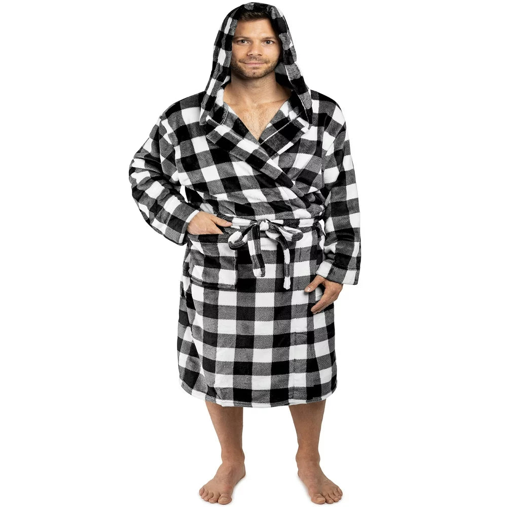 PAVILIA Mens Robe, Hooded Soft Robe for Men, Warm Bathrobe with Hood for Bath Shower Spa with Shawl Collar, Pockets, Satin Trim, Plush Fleece - Black