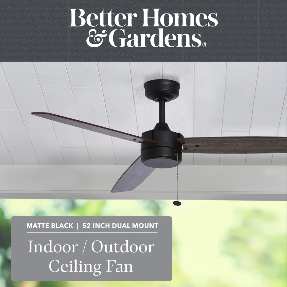 Better Homes & Gardens 52” Matte Black Indoor/Outdoor 3 Blade Ceiling Fan