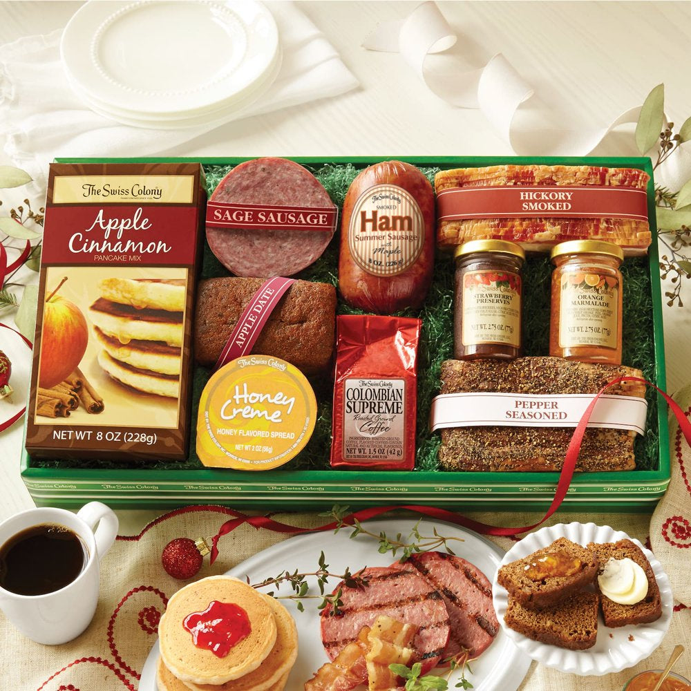 The Swiss Colony Christmas Breakfast Box - Apple Cinnamon Pancake Mix, Ham Summer Sausage, Hickory Smoked Bacon, Strawberry Preserves, Coffee, and More