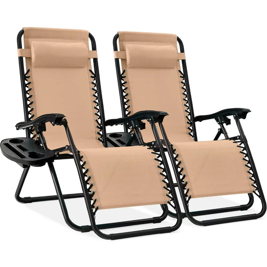 Best Choice Products Set of 2 Zero Gravity Lounge Chair Recliners for Patio, Pool w/ Cup Holder Tray - Beige