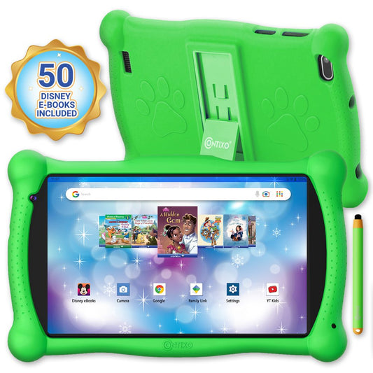 Contixo 7" Android Kids Tablet 32GB, Includes 50+ Disney Storybooks & Stickers, Protective Case with Kickstand & Stylus, (2023 Model) - Green