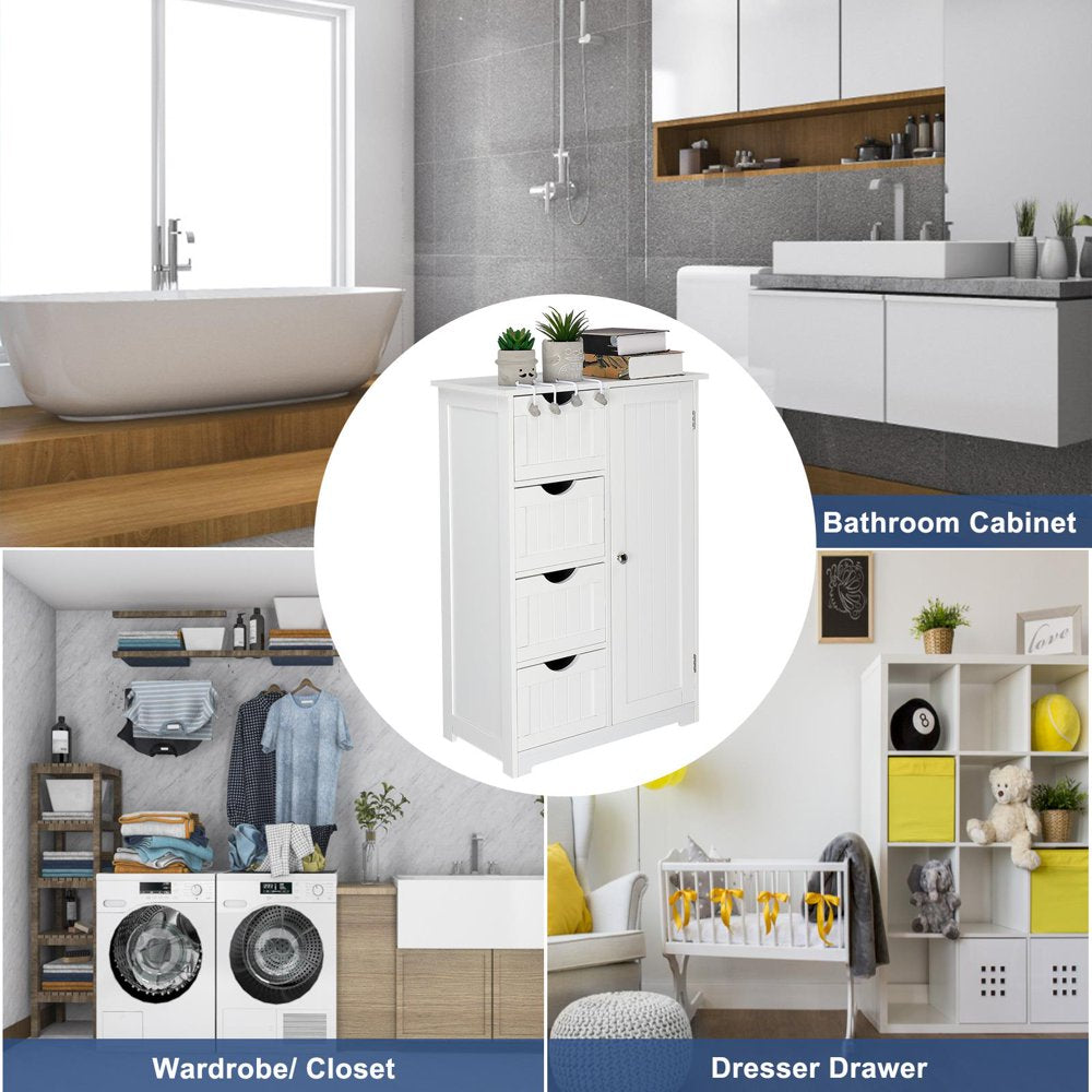 Wooden Bathroom Floor Cabinet,Side Storage Organizer Cabinet with 4 Drawers,1 Cupboard & 2-Shelves,Mdf,White