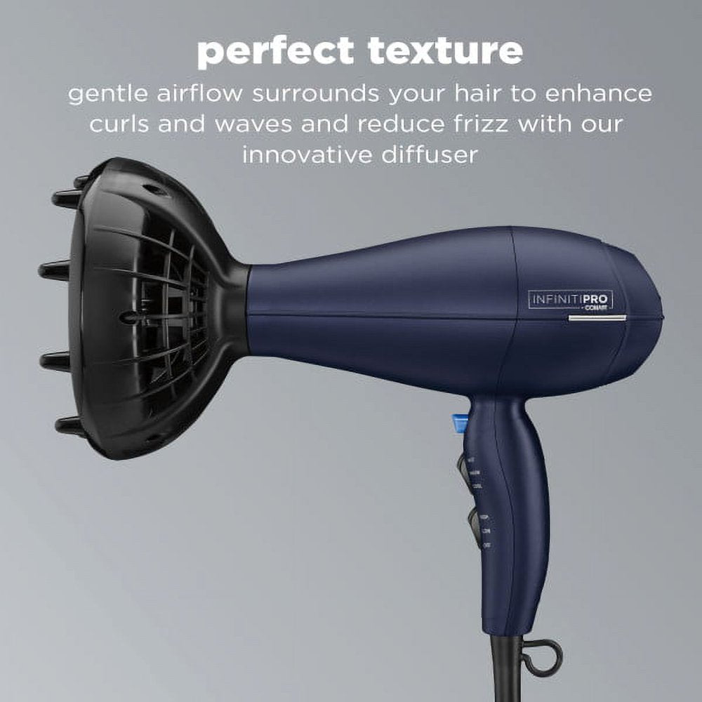 InfinitiPro by Conair 1875 Watt Texture Styling Hair Dryer for Natural Curls and Waves, Dark Blue, 1 Count 600R