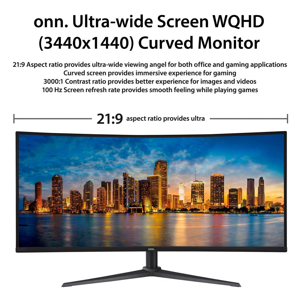 onn. 34" Curved Ultrawide WQHD (3440 x 1440p) 100Hz Bezel-Less Office Monitor with Cable, Black, New