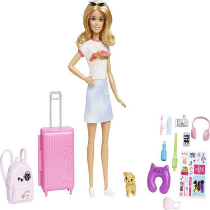 Barbie Malibu Doll & 10+ Accessories, Travel Set with Pink Working Suitcase, Blonde Fashion Doll