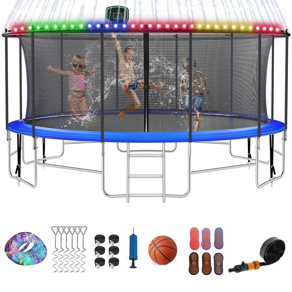 16FT Trampoline for 8-9 Kids Adults with Basketball Hoop, Ladder, Light, Sprinkler, Socks, ASTM Approved Outdoor Heavy Duty Recreational Trampoline