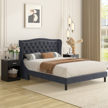 Homfa Full Bed Frame for Kids, Modern Bed Frame with Wing-Back Button Tufted Upholstered Headboard, Dark Gray