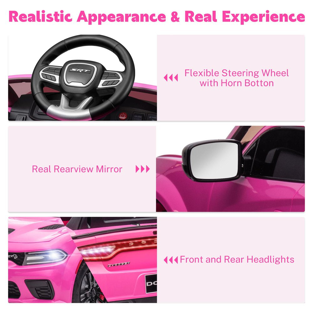 Dodge Electric Ride on Cars for Kids, 12 V Licensed Dodge Charger SRT Powered Ride On Toys Cars with Parent Remote Control, Electric Car for Girls 3-5 w/Music Player/LED Headlights/Safety Belt, Pink