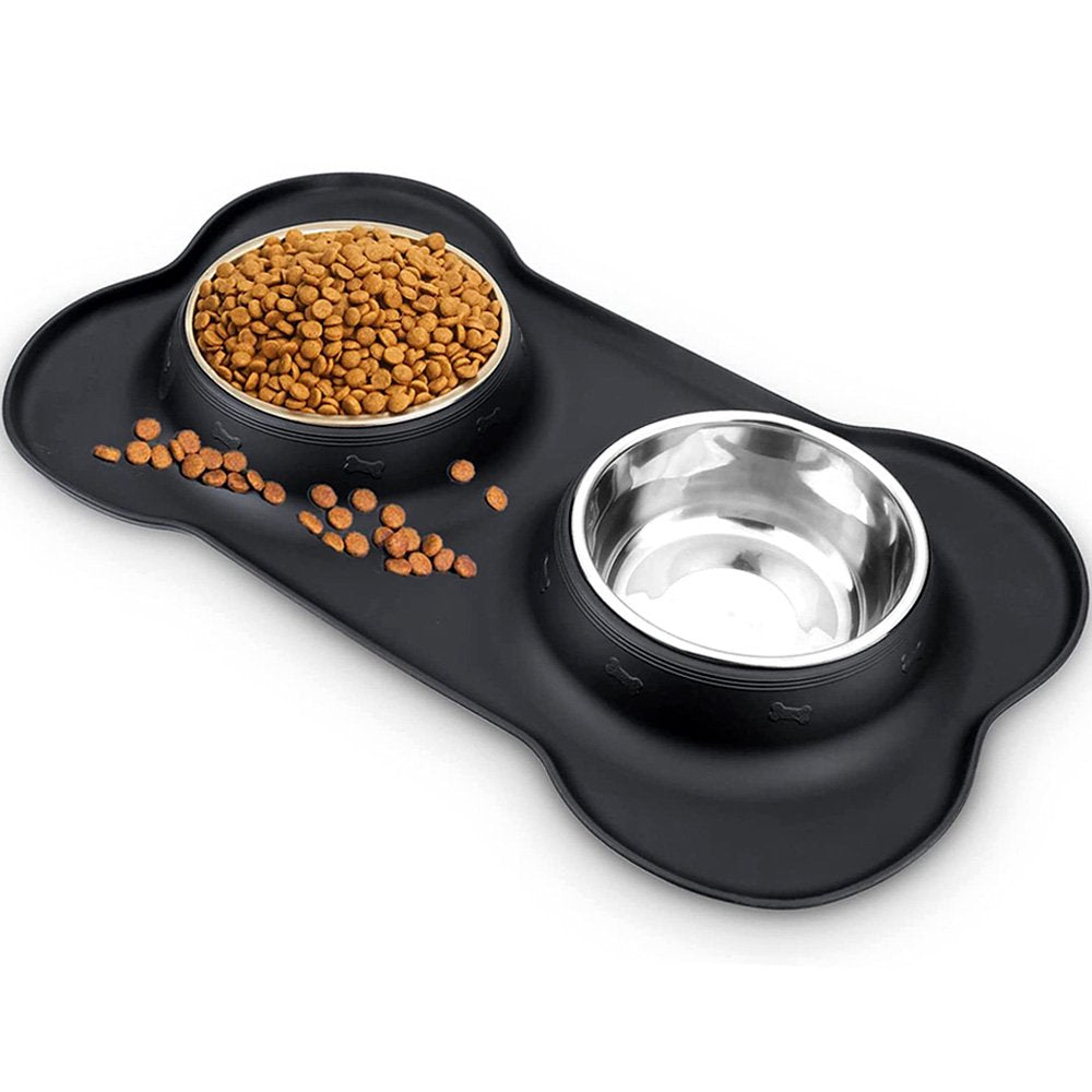 Dog Bowls, Double Dog and Cat Bowls with Anti-Overflow and Anti-Skid Dog Food Mat, Small Dog and Cat Feeding Water and Bowls