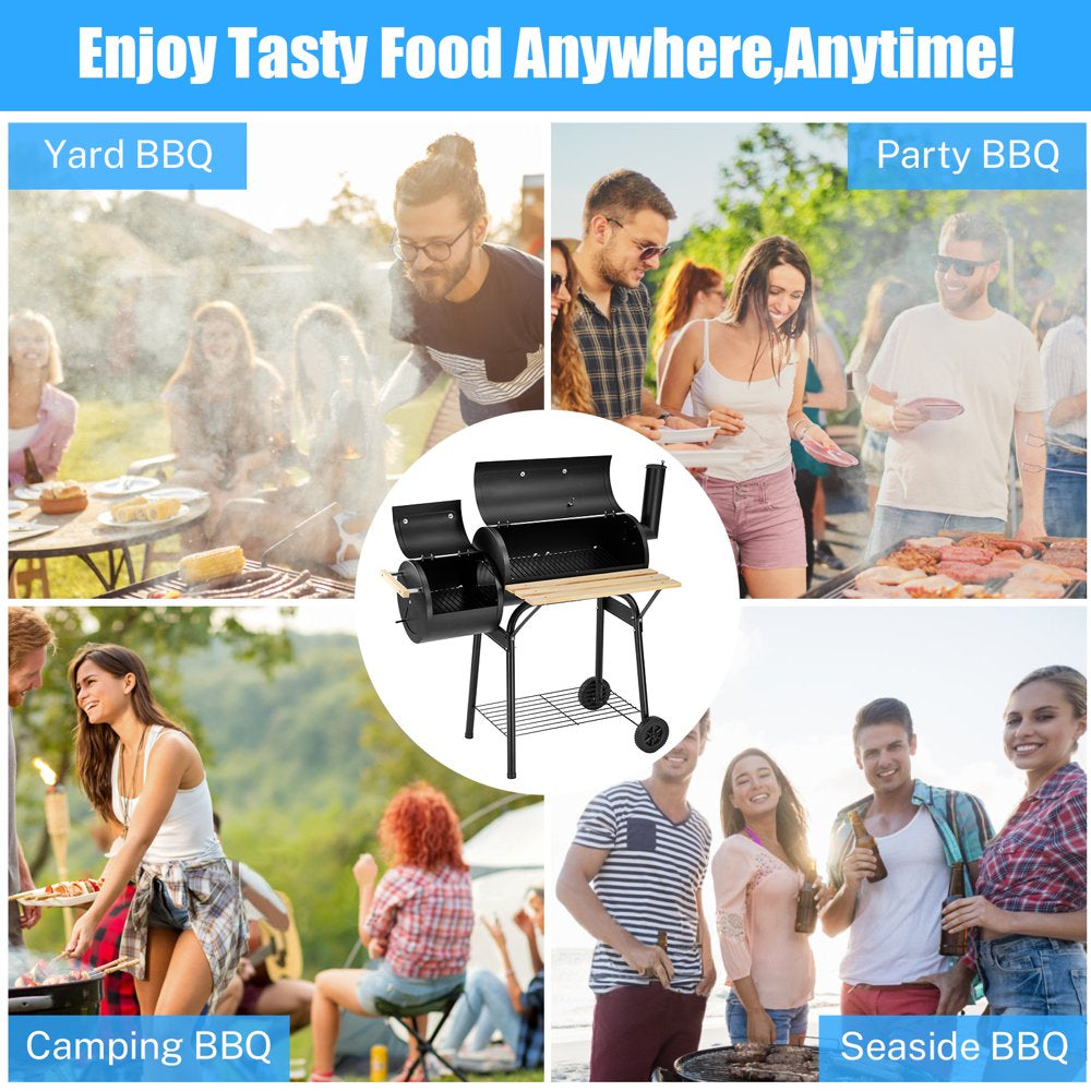 BBQ Charcoal Grill, 45.28-Inch Length Portable Barbecue Grill, Offset Smoker Barbecue Oven with Wheels & Thermometer for Outdoor Picnic Camping Patio Backyard, B026