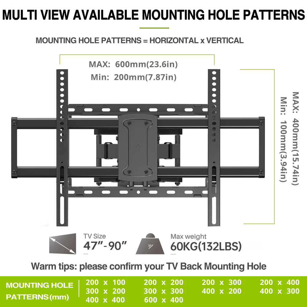 USX MOUNT Full Motion TV Wall Mount for 47-90 inch TVs Swivels Tilts Extension Leveling Hold up to 132lb Max VESA 600x400mm, 16" Wood Stud