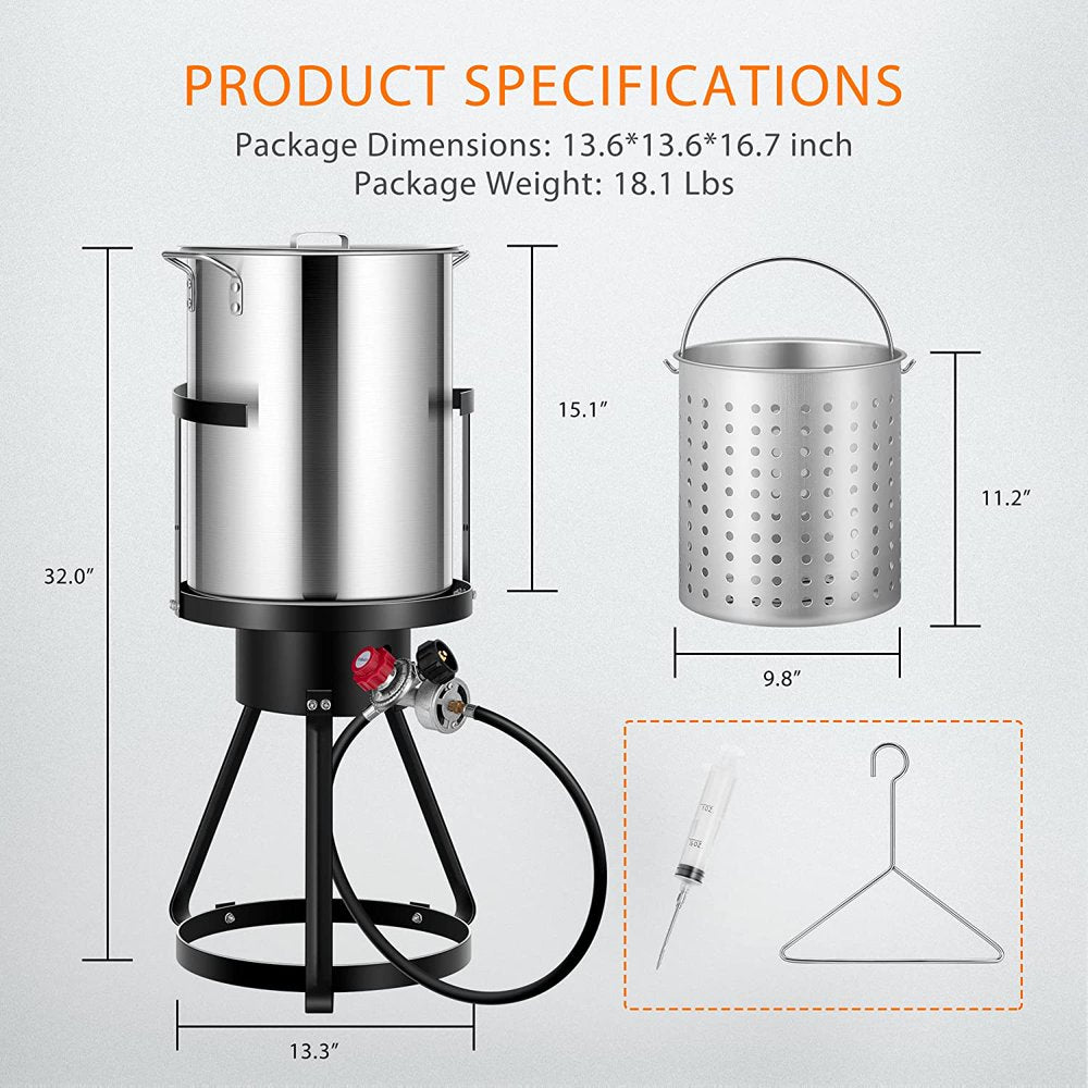 SPECSTAR 30 Qt. Aluminum Turkey Deep Fryer Pot with Injector Thermometer Kit and 54, 000 BTU Outdoor Propane Stove Burner Stand for 20 Lbs Turkey