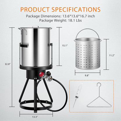 SPECSTAR 30 Qt. Aluminum Turkey Deep Fryer Pot with Injector Thermometer Kit and 54, 000 BTU Outdoor Propane Stove Burner Stand for 20 Lbs Turkey