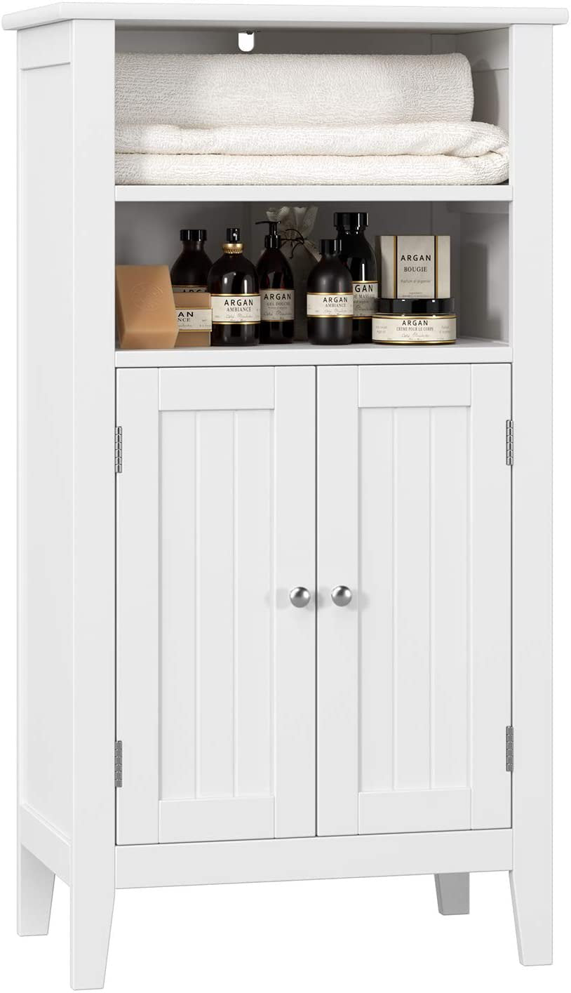 2 Tier Shelves Bathroom Storage Cabinet, Wood Storage Floor Cabinet with 2 Doors, White