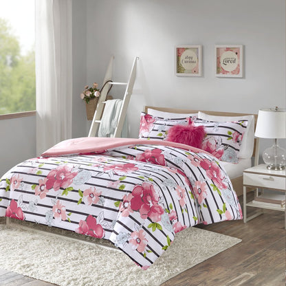 Comfort Spaces Spring 4-Piece Full/Queen Comforter Set Microfiber Pink Striped Floral Reversible Bedding