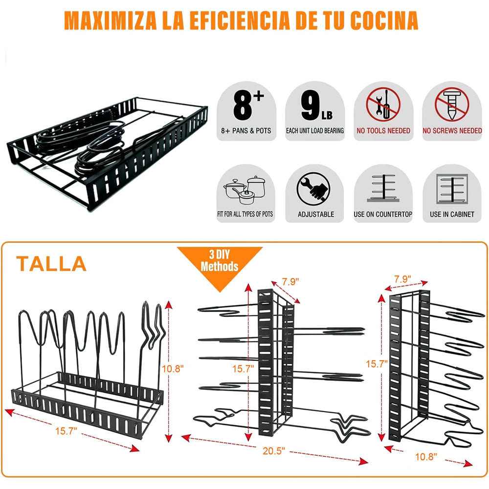 Pot Rack Organizer 8-Tier Pot and Pan Organizer Suitable for Kitchen, Black