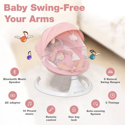 Baby Swing for Infants, Yadala Bluetooth Rocker, Newborn Electric Auto Swing with 5 Gears & Time Set & Music, Pink