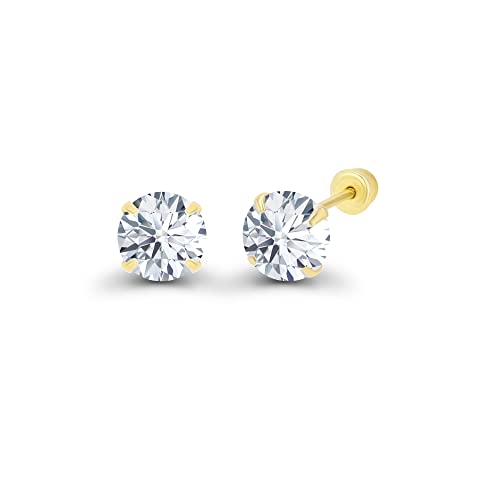 Solid 14k Yellow Gold Hypoallergenic Round Cubic Zirconia Solitaire Stud Earrings For girls With Secure Ball Screw Backs For Women, 4mm