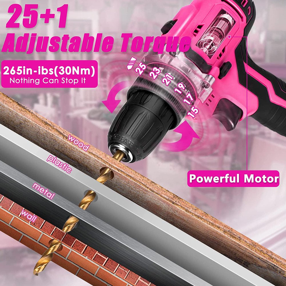 Pink Tool Kit with 20V Cordless Drill(265in-lbs), Pink Drill Set for Women,Lady's Home Tool Kit for DIY