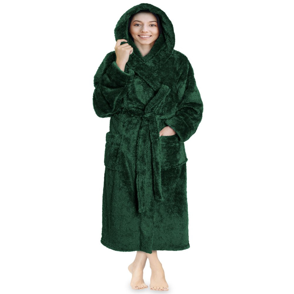 PAVILIA Women Hooded Plush Soft Robe | Fluffy Warm Fleece Sherpa Shaggy Bathrobe (S/M, Black)