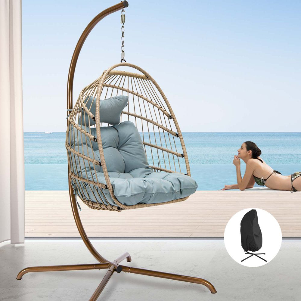 Nicesoul Foldable Wicker Hanging Egg Chair with Stand and Cover, Beige 350 Lbs Maximum Weight