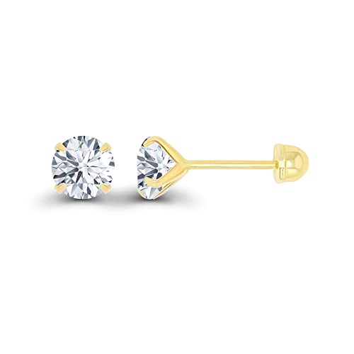 Solid 14k Yellow Gold Hypoallergenic Round Cubic Zirconia Solitaire Stud Earrings For girls With Secure Ball Screw Backs For Women, 4mm