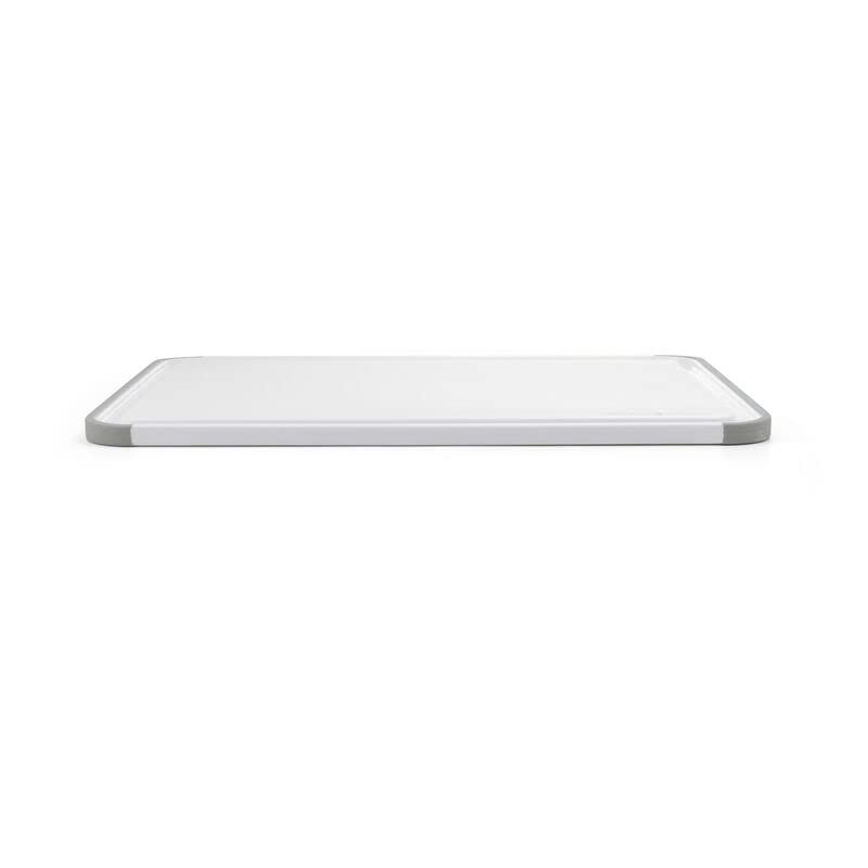 KitchenAid Classic Plastic Cutting Board with Perimeter Trench and Non Slip Edges, Dishwasher Safe, 11 inch x 14 inch, White and Gray