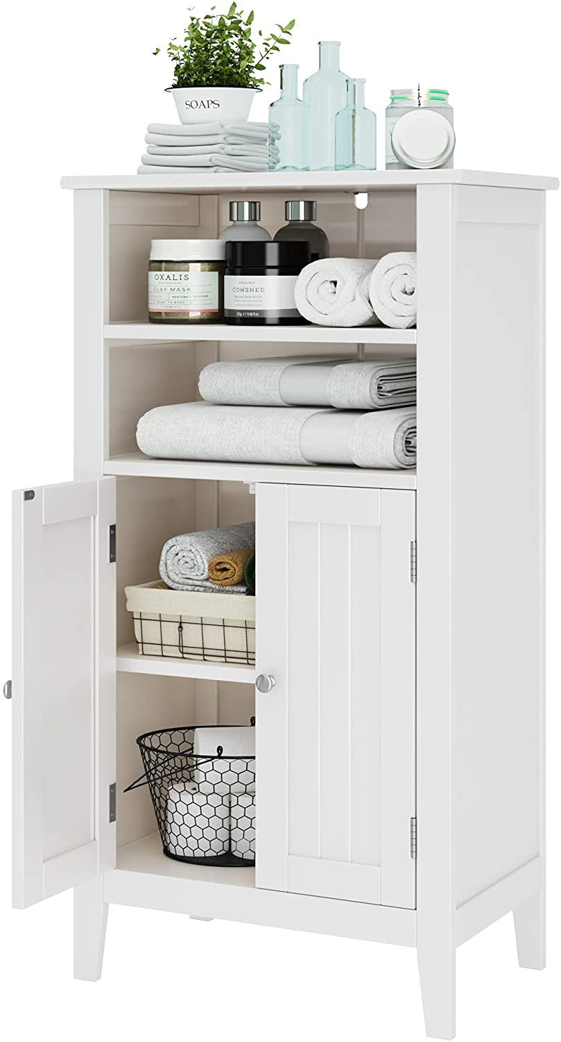 2 Tier Shelves Bathroom Storage Cabinet, Wood Storage Floor Cabinet with 2 Doors, White