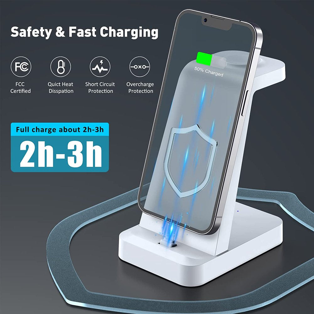 Charger Station for Iphone Multiple Devices - 3 in 1 Fast Wireless Charging Dock Stand for Apple Watch Series 7 6 SE 5 4 3 2 & Airpods Iphone 14 13 12 11 Pro X Max XS XR 8 7 plus 6S 6 with Adapter