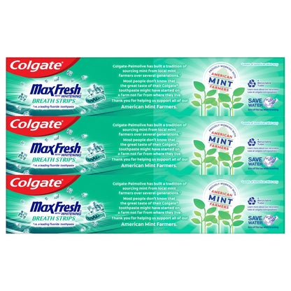 Colgate Max Fresh Toothpaste, Mini Breath Strips, Clean Mint, 3 Pack, 6.3 oz