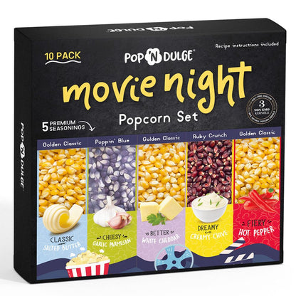 Movie Night Gift Baskets Popcorn Gift Set, 5 Gourmet Popcorn Kernels and 5 Popcorn Seasoning, Non-GMO Popcorn Gift Baskets - 10 pcs