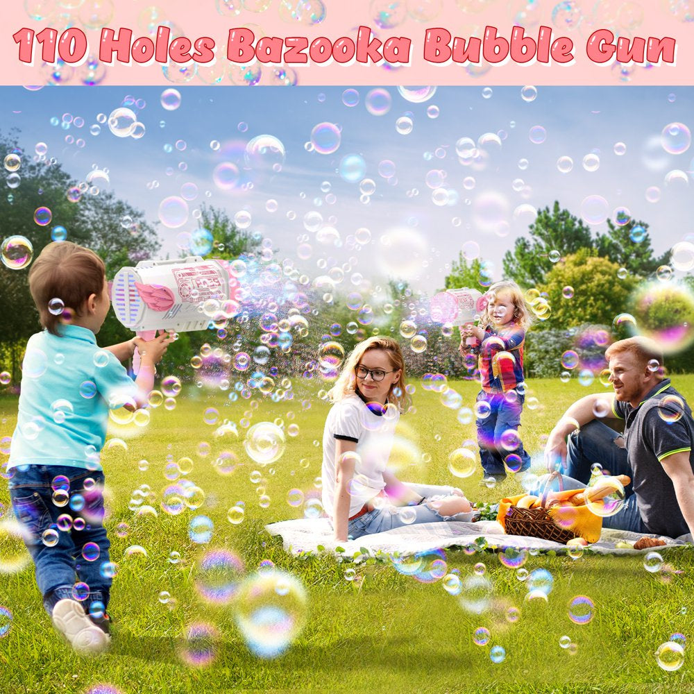 Bubble Machine, 110 Holes Automatic Bubble Gun Toys with Colorful Lights and 4 Refill Solution for Kids, Pink