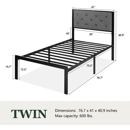 Amolife Twin Size Metal Bed Frame with Upholstered Headboard, Dark Grey