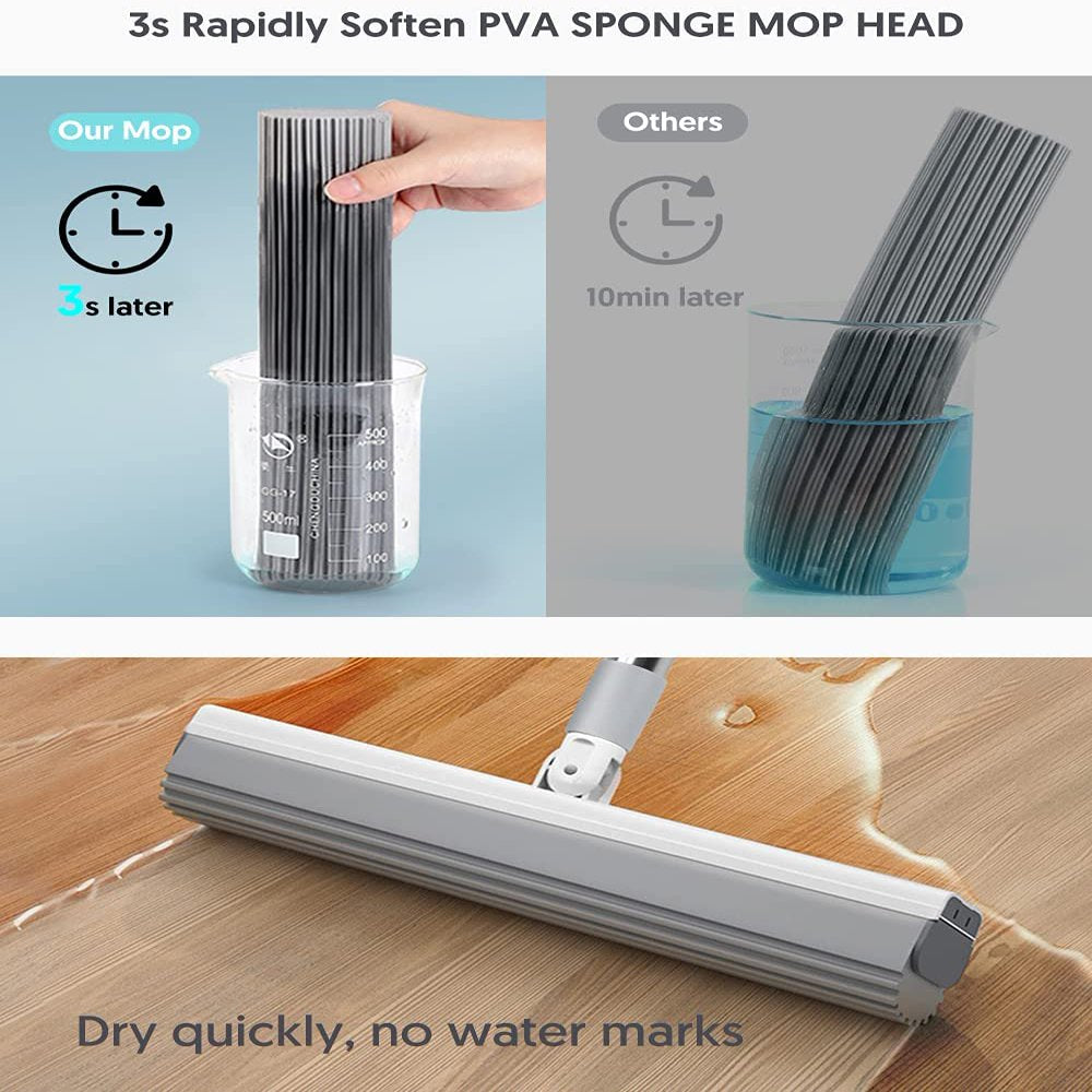 SUGARDAY Sponge Mop and Bucket Set with Wringer - Floor Wet Mop with 3 PVA Sponge Heads for Floor Cleaning