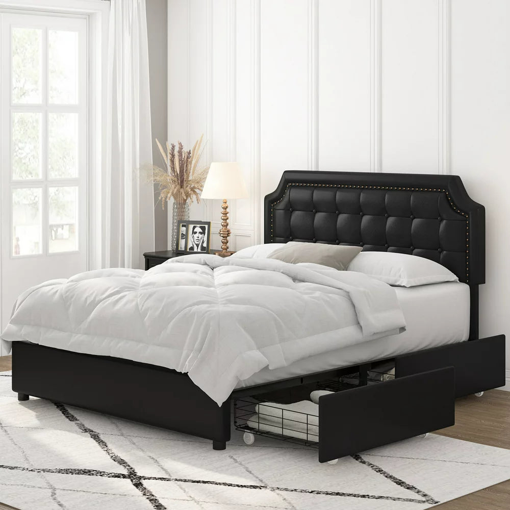 Homfa Full Storage Bed with 4 Drawers, PU Leather Platform Bed Frame with Adjustable Upholstered Headboard, Black