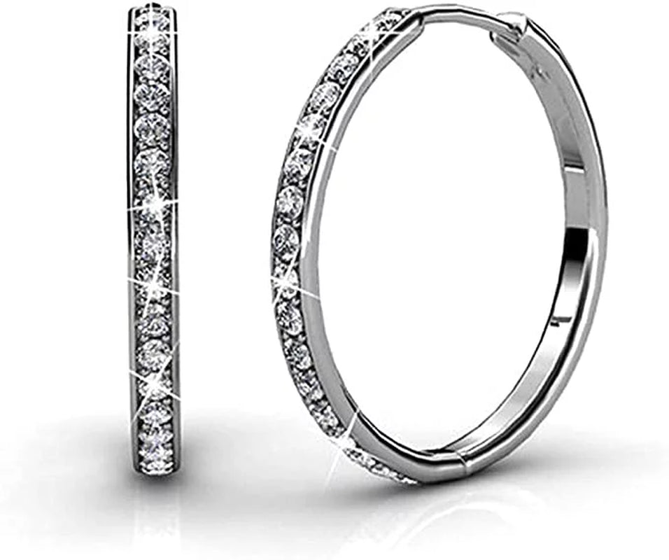 18k White Gold Women's Hoop Earrings | Silver Crystal Earrings | Womens Jewelry