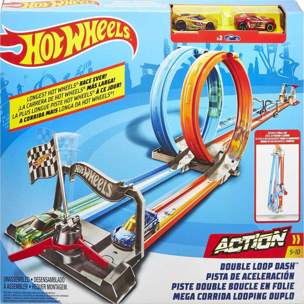 Hot Wheels Double Loop Dash Track Set with 2 Toy Cars in 1:64 Scale, 12-ft Long, for Children Ages 5 Years and Up