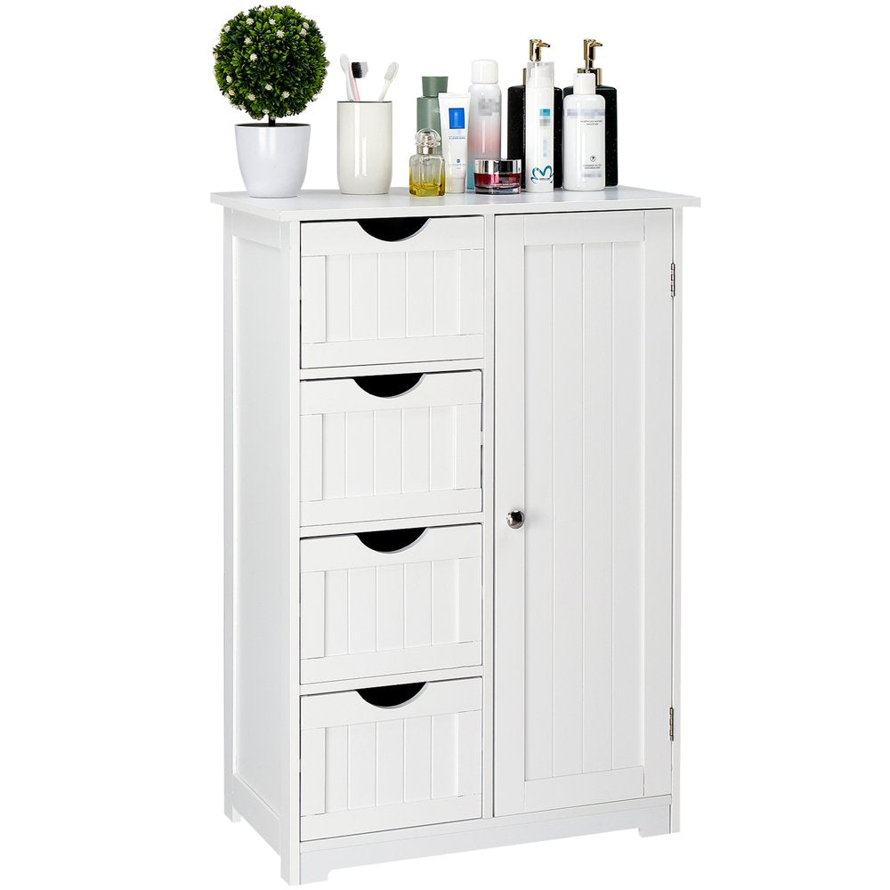 Wooden Bathroom Floor Cabinet,Side Storage Organizer Cabinet with 4 Drawers,1 Cupboard & 2-Shelves,Mdf,White