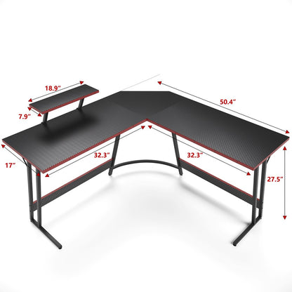 L-Shaped Gaming Desk 51 Inches Corner Office Desk with Removable Monitor Riser, Black